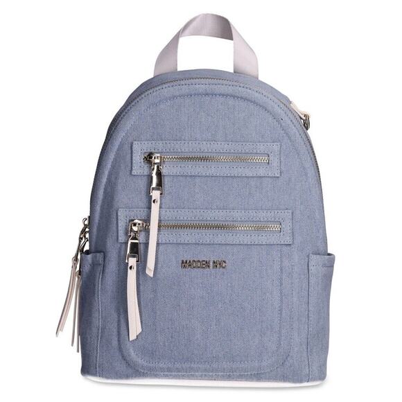 Madden NYC Women's Mini Backpack with Embellished Pouch, Denim, Tassels White - Picture 3 of 6